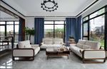 新中式别墅客厅蓝色窗帘装修效果图片