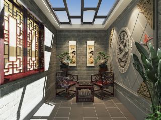 中式独栋别墅阳台天花板装修效果图