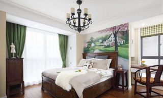 90平米美式乡村风格卧室板式床头壁画装修图片2023