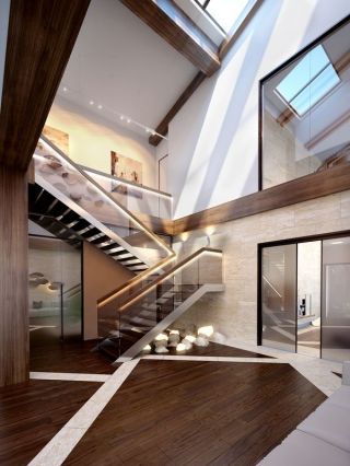 别墅大厅楼梯玻璃扶手效果图片 