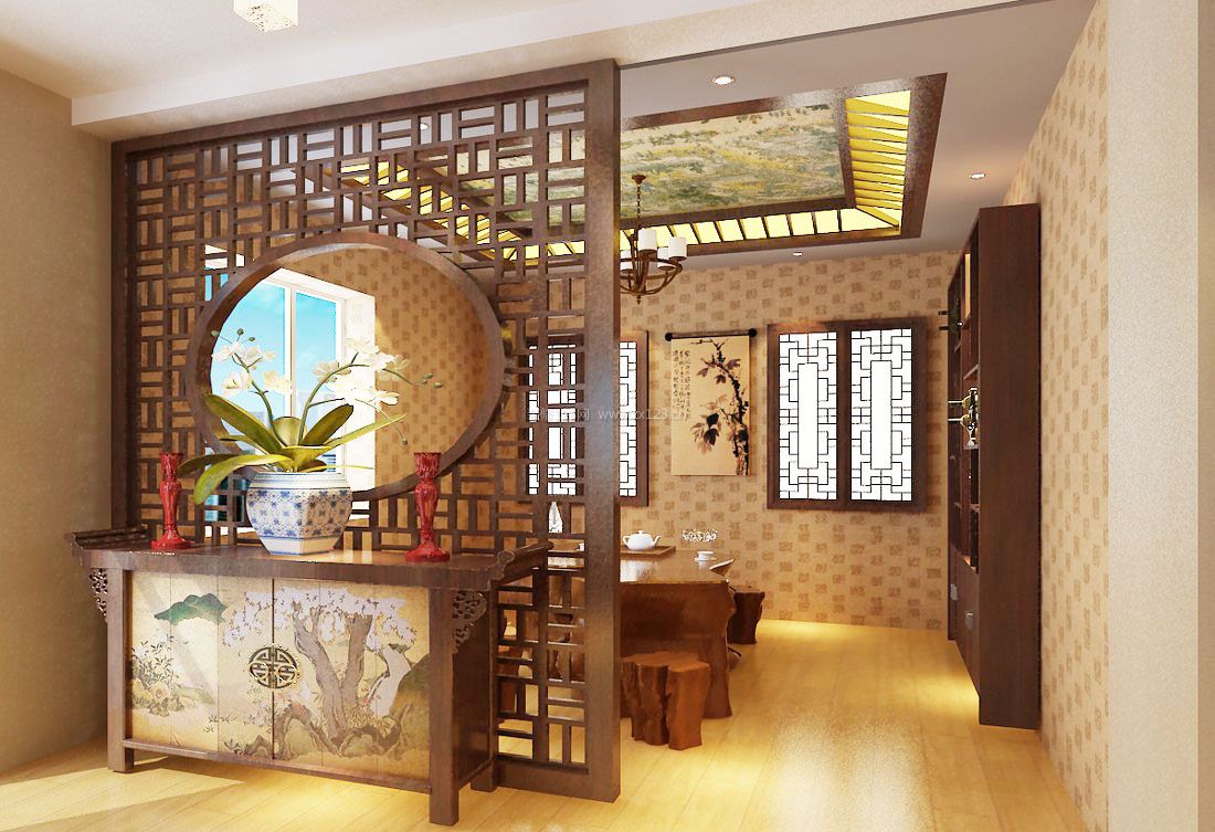 新中式餐厅玄关镂空雕花隔断图片_装修123效果图
