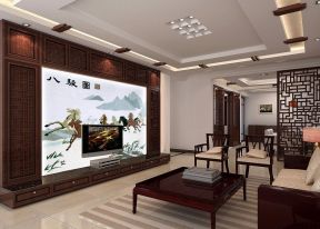 2023新中式家装客厅镂空雕花隔断图片