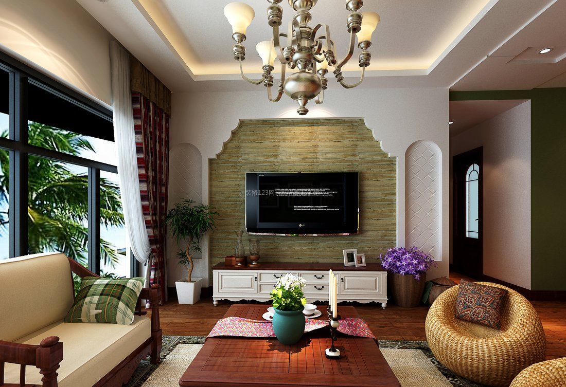 东南亚风格小客厅电视墙装修效果图图片