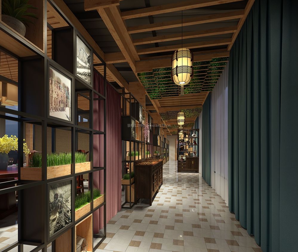 2017高端茶餐厅过道走廊吊顶装修效果图