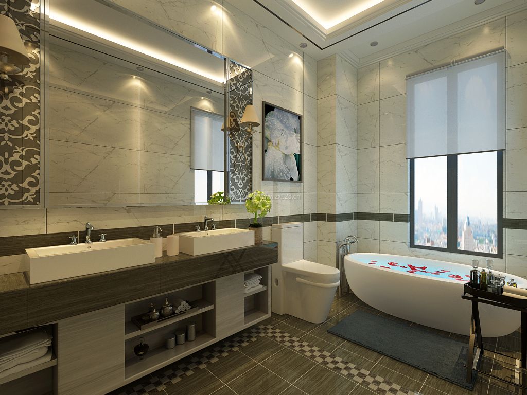 现代大户型卫生间白色浴缸装修效果图片