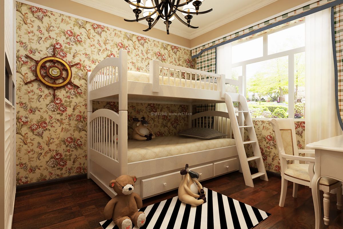 2023美式儿童房实木高低床装修图片