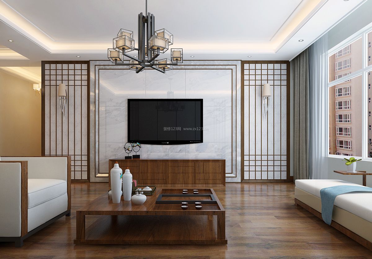简约新中式客厅电视背景墙装修效果图