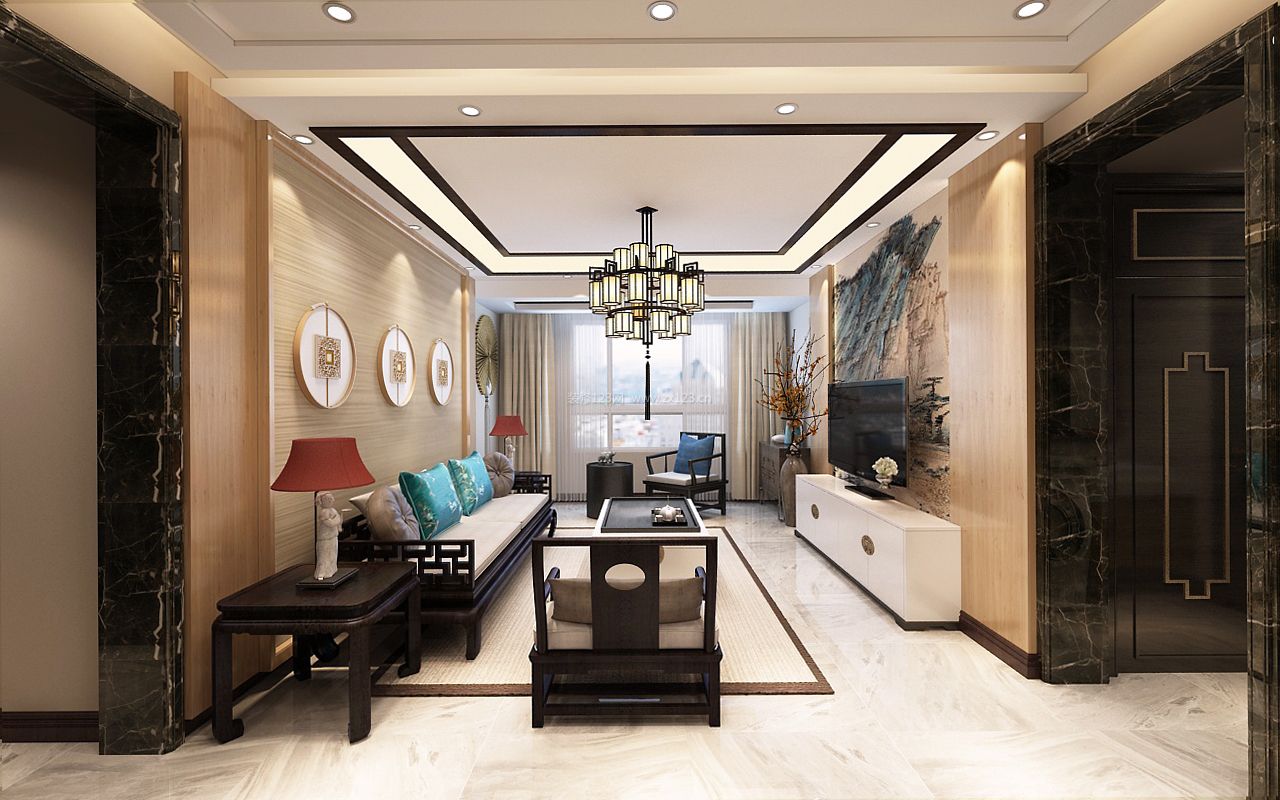 2023新中式古典风格客厅白色电视柜搭配装修效果图