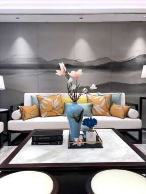 2020新中式客厅样板间 沙发背景墙装修效果图欣赏