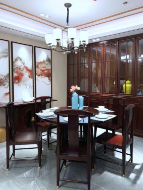 2023新中式餐厅家用实木圆餐桌装修设计图片