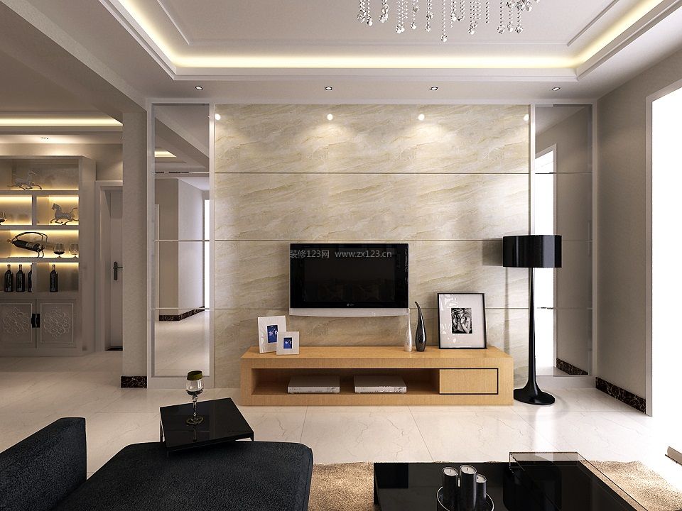 2021现代简约客厅瓷砖电视墙设计图_装信通网效果图