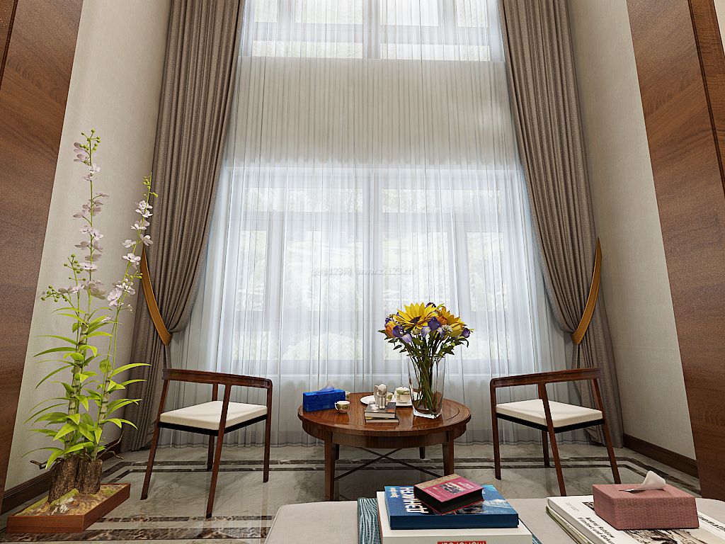美式复式客厅窗帘装修效果图片