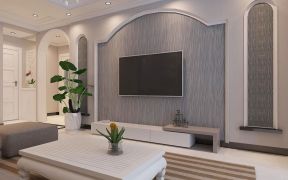 2023现代简单客厅电视墙灰色壁纸装修效果图片