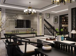 2023雅致新中式别墅客厅软装设计效果图片
