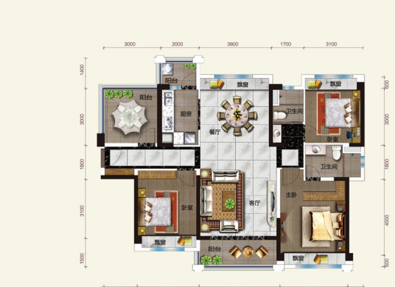 B户型， 3室2厅2卫1厨， 建筑面积约129.00平米