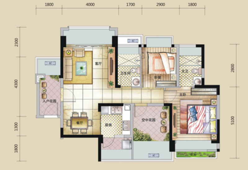 C6户型， 2室2厅2卫0厨， 建筑面积约89.84平米