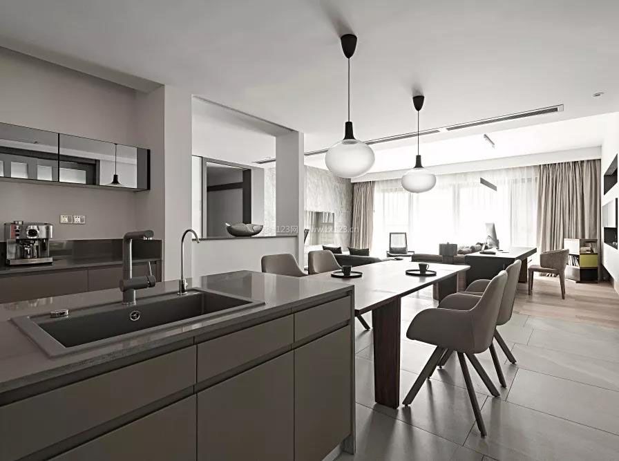 黑白灰家装餐厅厨房一体效果图_装修123效果图