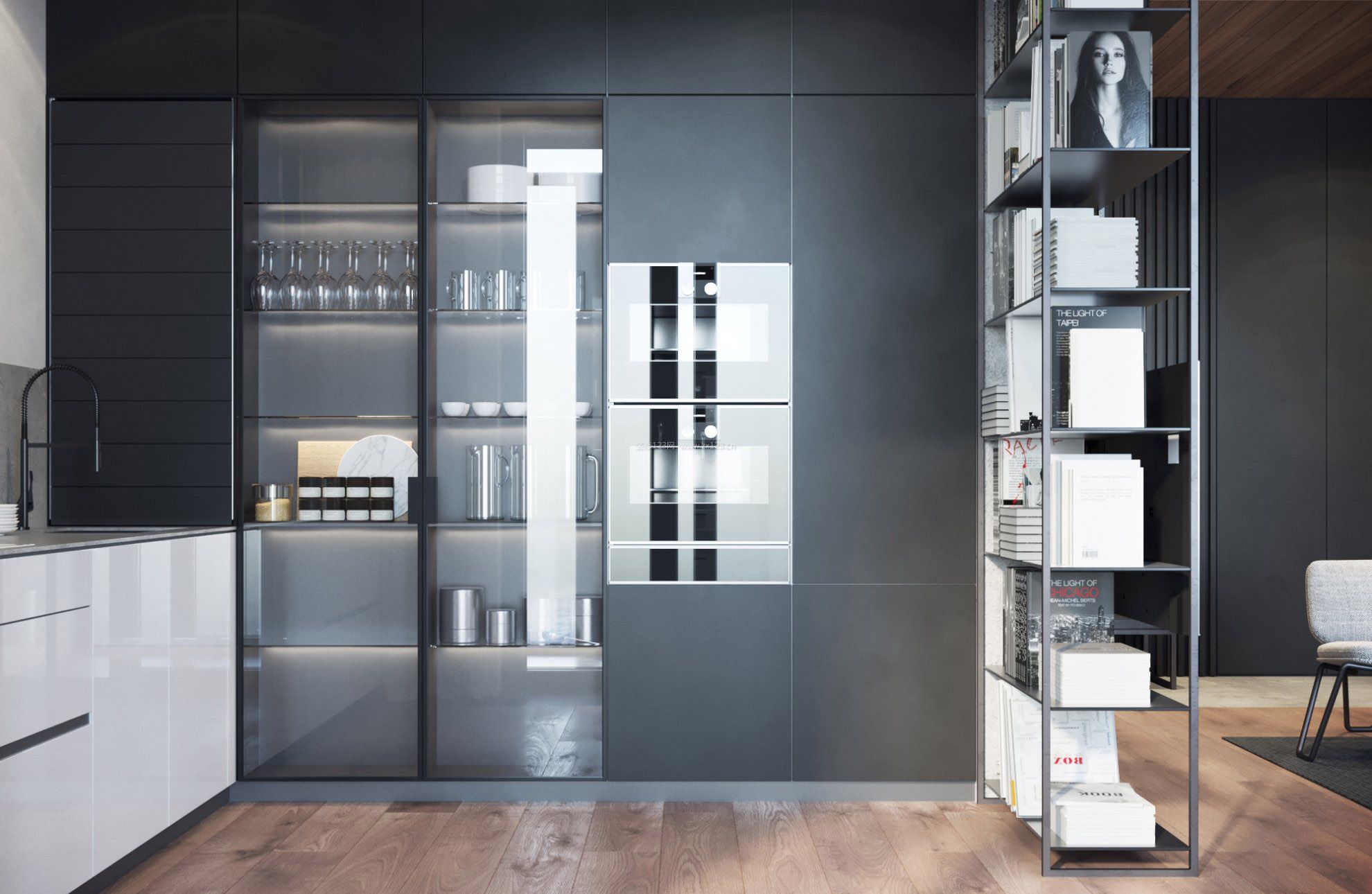 黑白色调家装厨房收纳柜设计效果图