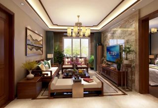 2023大气新中式风格客厅瓷砖电视墙效果图