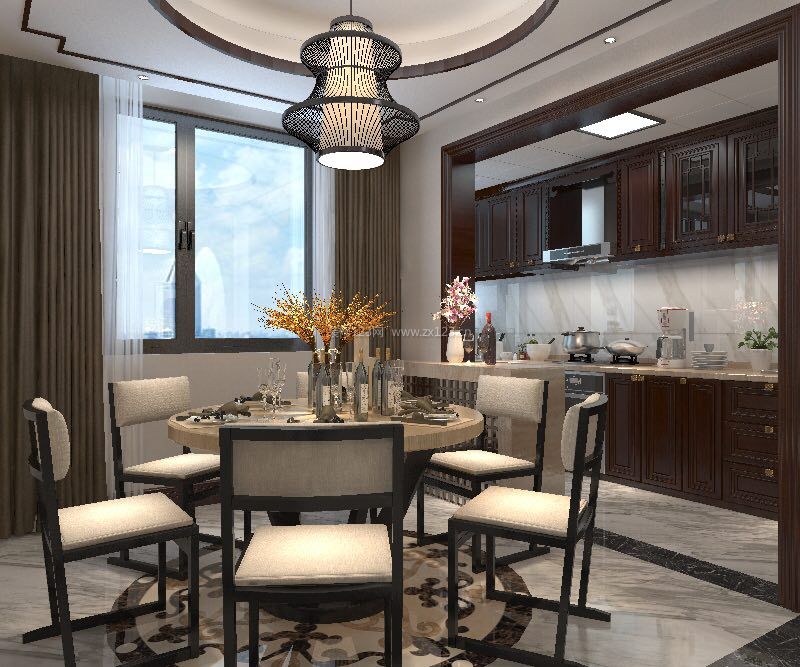 2021现代新中式别墅开放式厨房餐厅装修设计效果图