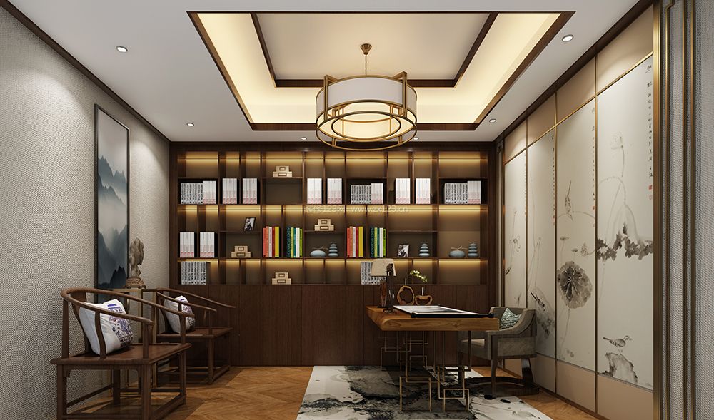 2020新中式书房开放式书柜设计效果图片