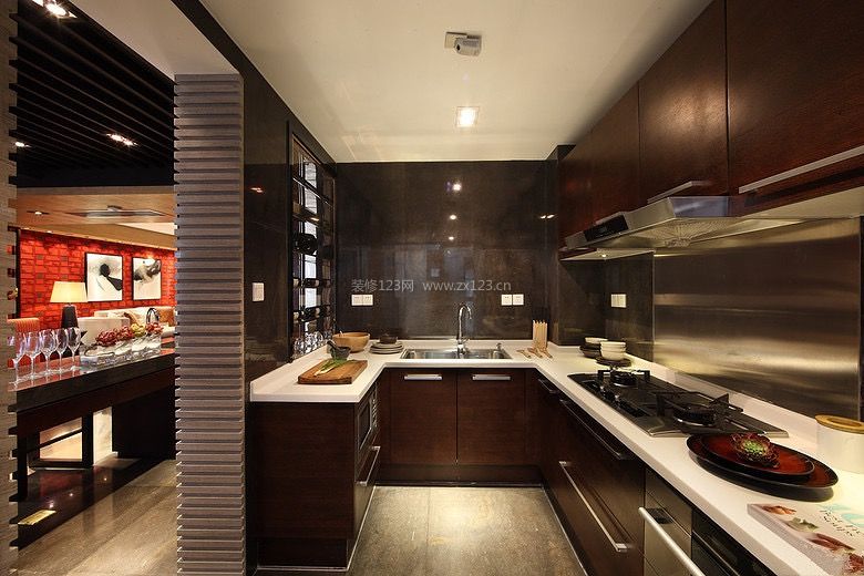 新中式厨房效果图 转角橱柜设计