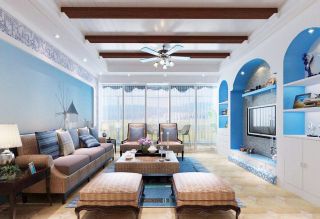2023地中海风格客厅木质吊顶装修设计效果图片