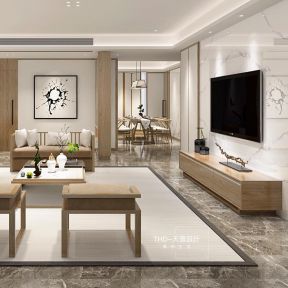 2023新中式客厅大理石电视墙装修设计图片赏析