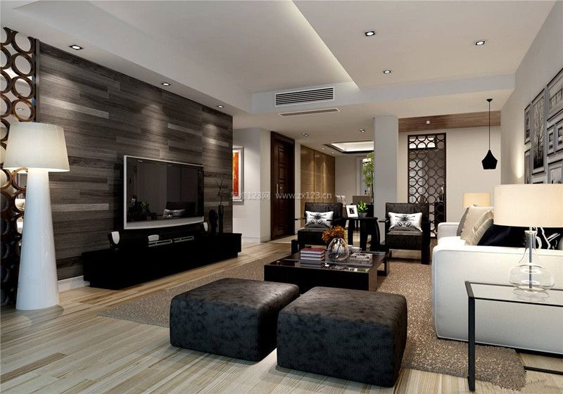 大平层客厅木地板电视墙装修效果设计图