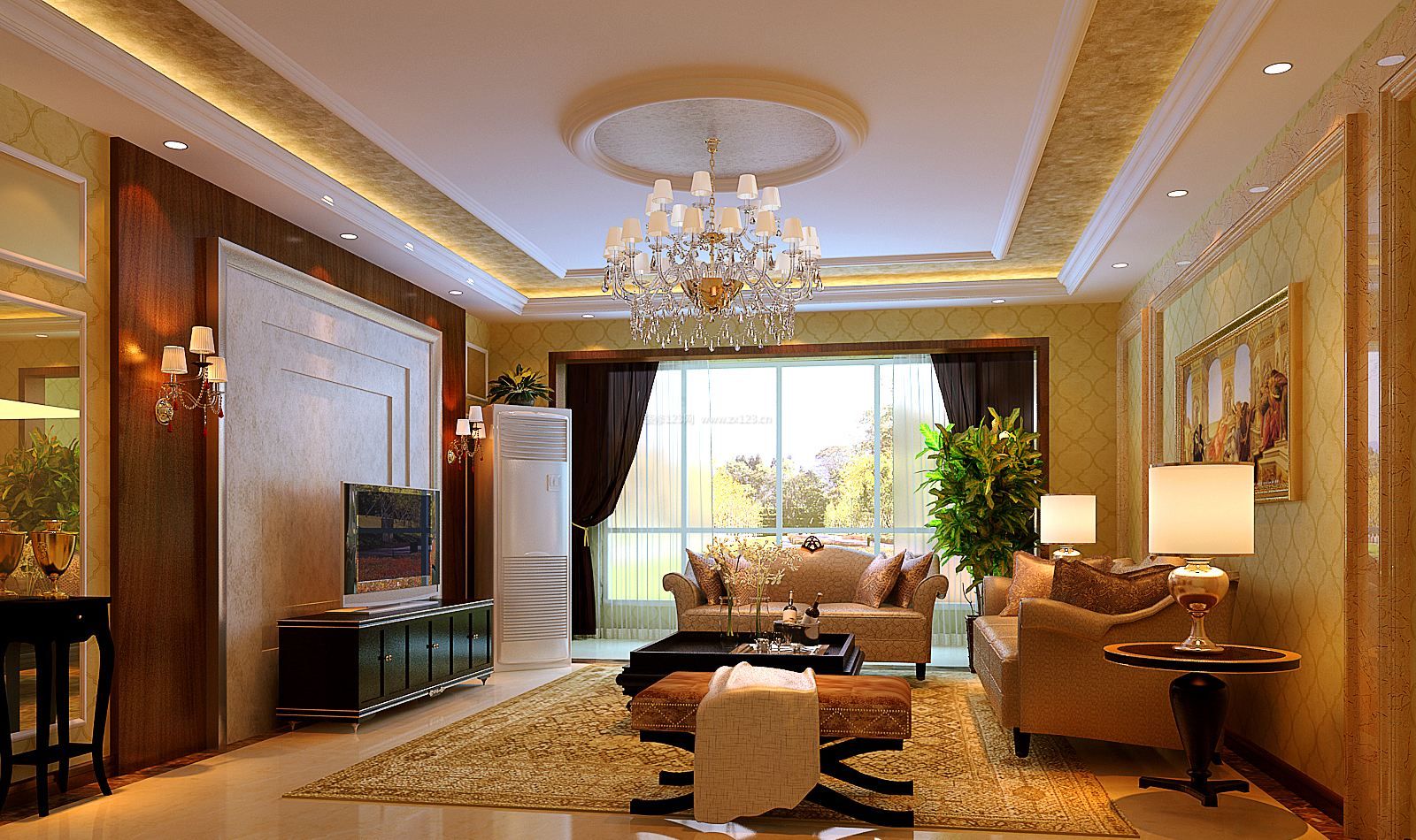 大平层客厅水晶吊灯装修设计效果图片