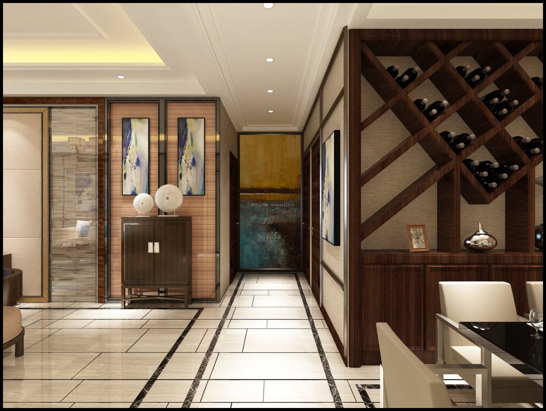现代中式餐厅效果图 2020实木酒柜设计