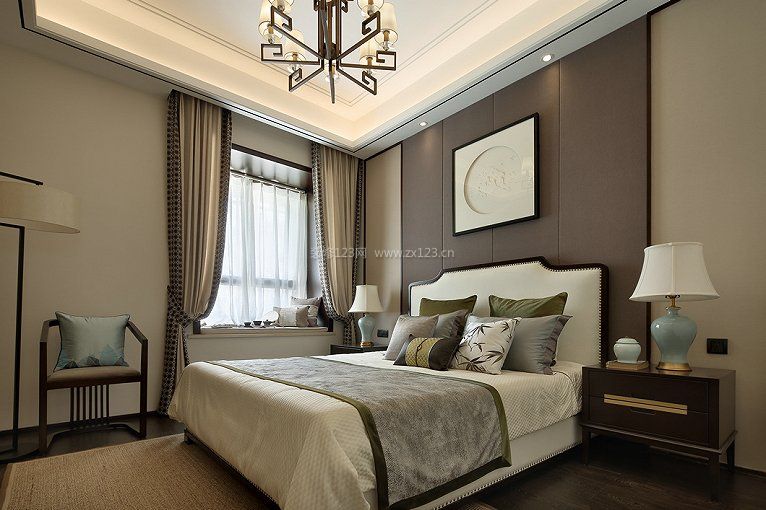新中式别墅卧室内床装修设计图