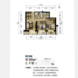 2号楼E户型，2室2厅1卫，86平米（建筑）