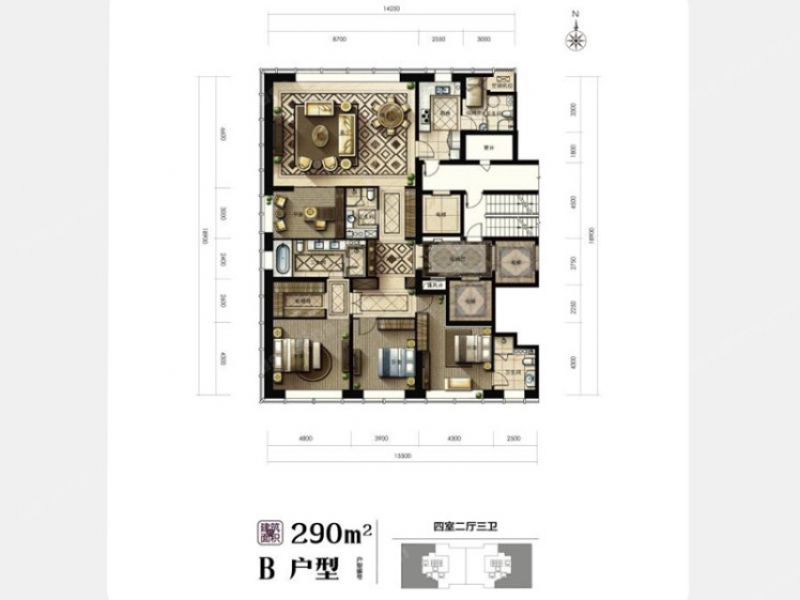 4室2厅3卫，235平米（建筑）