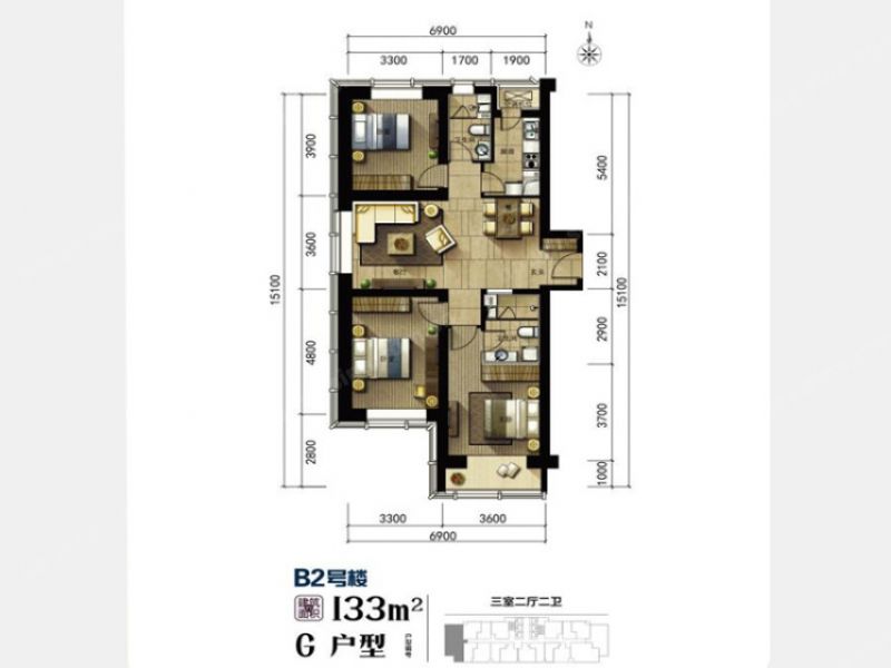 B2号楼G户型，3室2厅2卫，133平米（建筑）