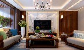 大气新中式客厅装修 2020淡雅色瓷砖电视背景墙图片