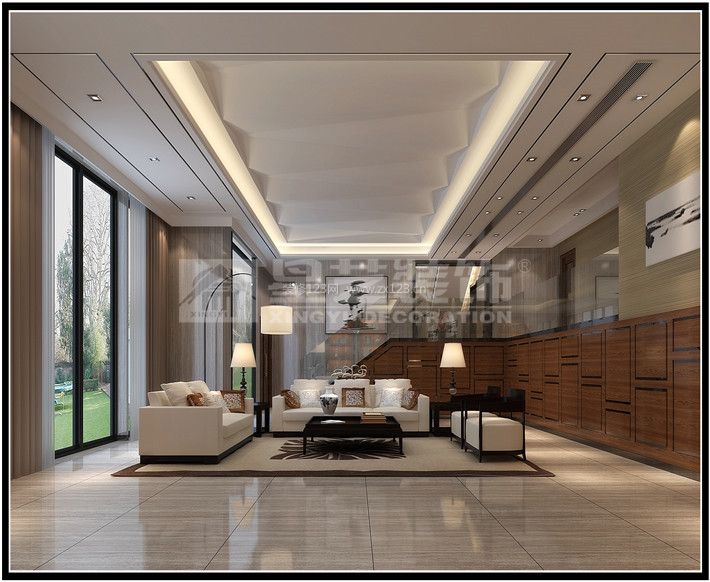 2023现代别墅客厅实木护墙板设计效果图