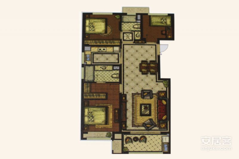 C户型， 3室2厅2卫0厨， 建筑面积约115.00平米