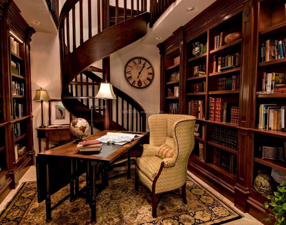 2023美式风格书房实木楼梯装修效果图
