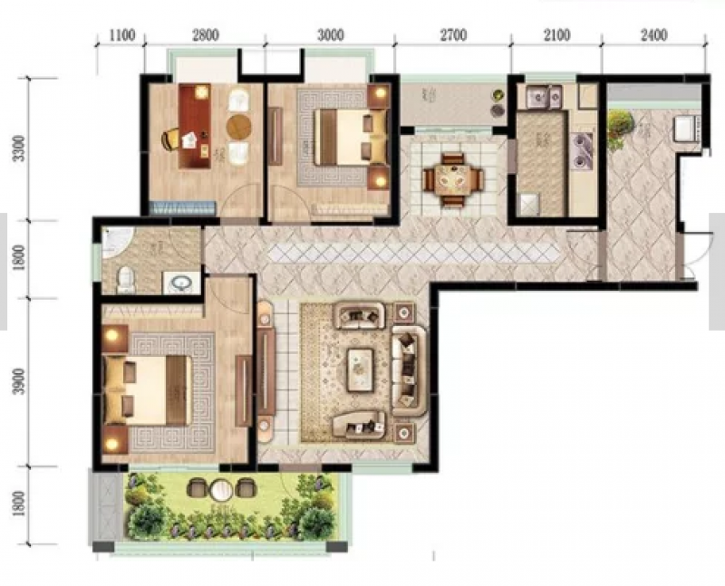 项目一期E1户型， 3室2厅1卫1厨， 建筑面积约117.46平米