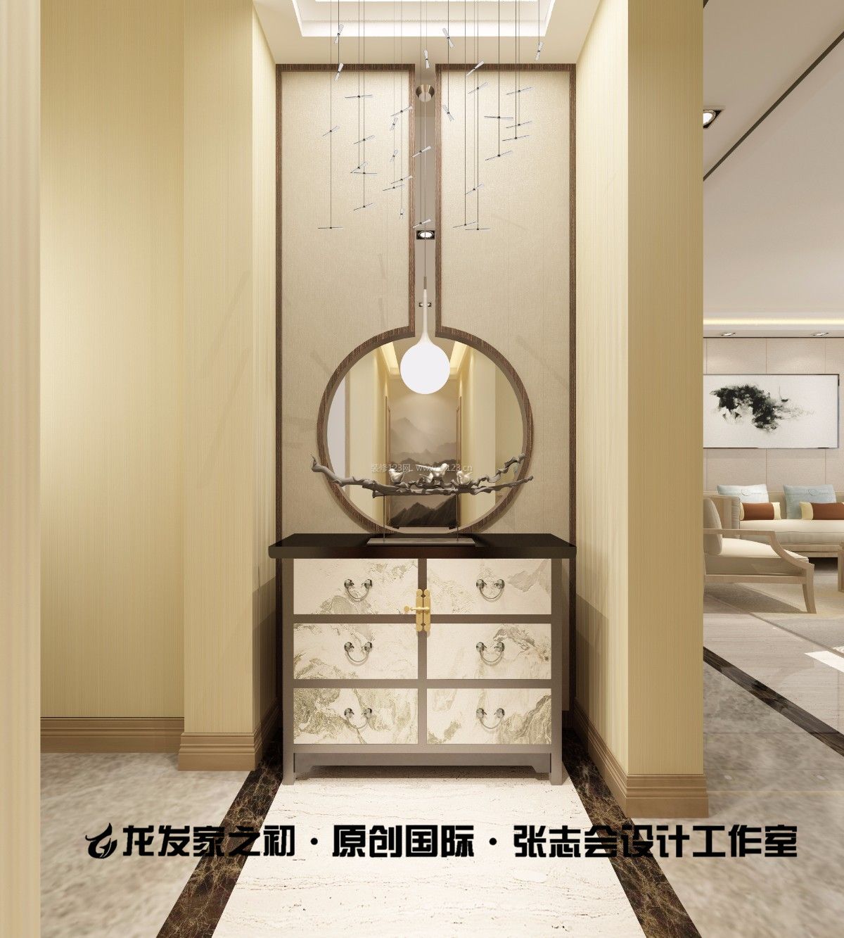 新中式简约玄关装饰柜装修效果图