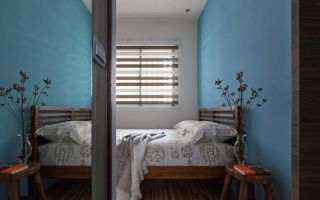 两室一厅精装房小卧室背景墙蓝色装修图片