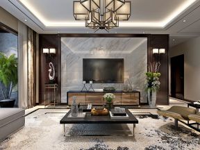 2023中式典雅客厅瓷砖电视墙装修效果图片