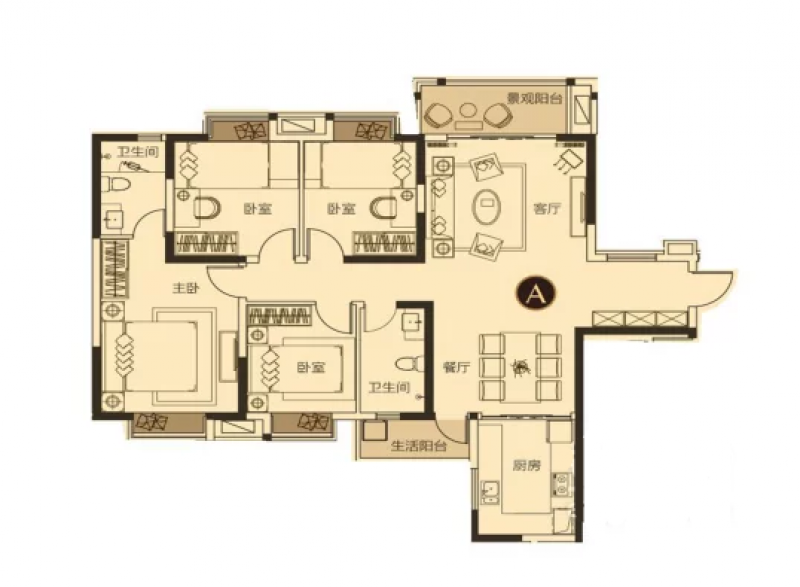 智慧高层A户型， 4室2厅2卫1厨， 建筑面积约142.00平米
