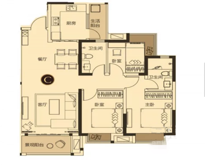 智慧高层C户型， 3室2厅2卫1厨， 建筑面积约109.00平米