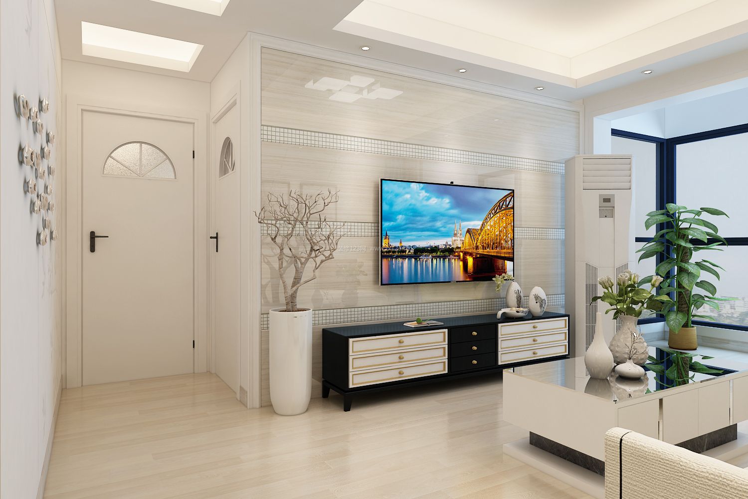 2023现代简洁风格客厅瓷砖电视墙装修图片