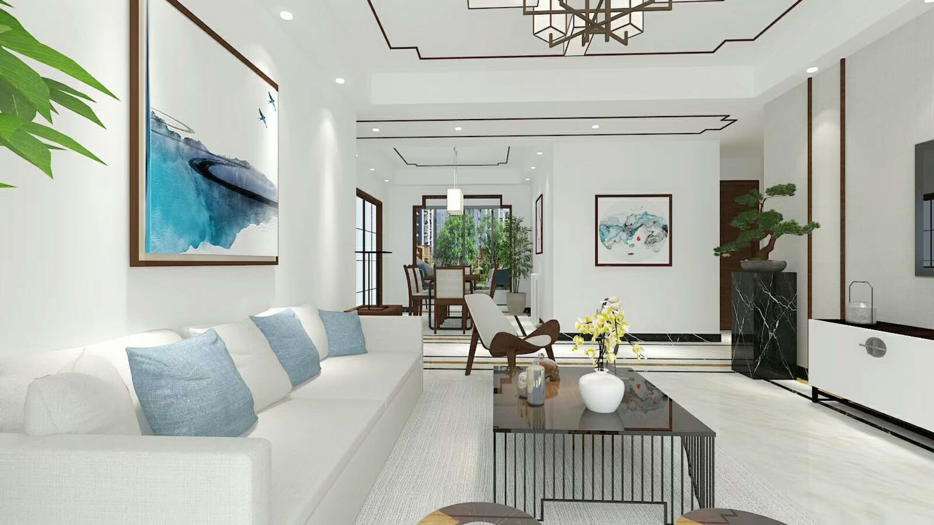 现代简中式装修效果图 2020客厅白色沙发效果图