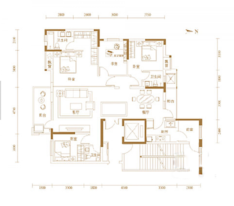 A1户型， 4室2厅3卫1厨， 建筑面积约182.36平米