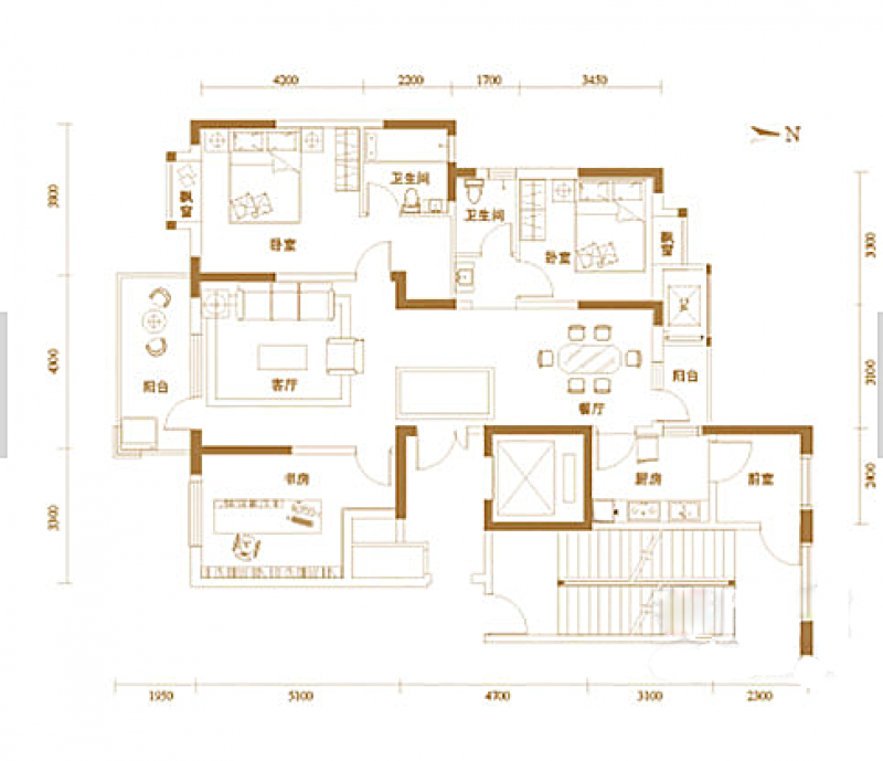 A4户型， 3室2厅2卫0厨， 建筑面积约144.03平米
