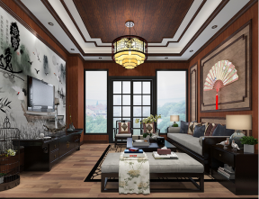 2023新中式客厅木质吊顶装修效果图片